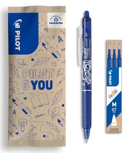 PILOT - Set aus 1 FriXion Clicker + 1 Set aus 3 Minen - Radierbarer Stift mit Druckmechanik und wärmeempfindlicher Tinte - Nachfüllbar und komfortabel - Blau - Mittlere Spitze von PILOT