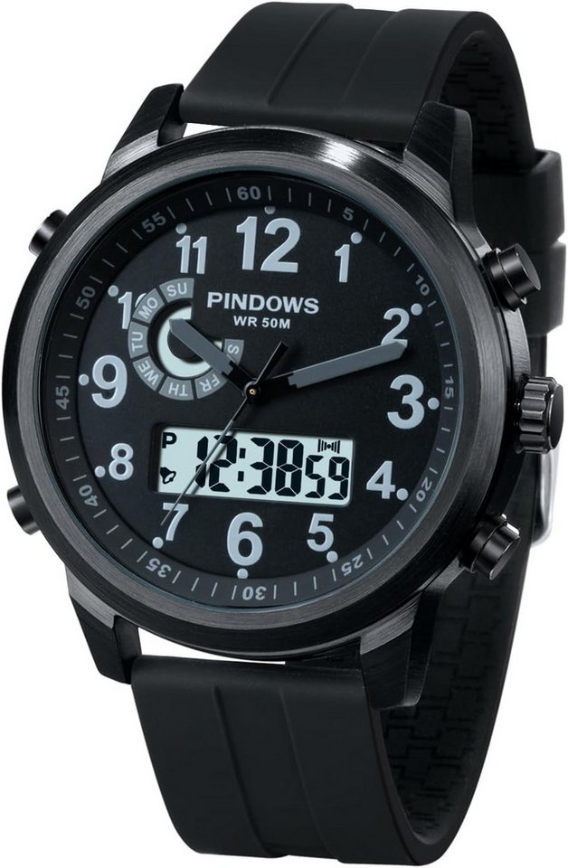 PINDOWS Militär Uhr Herren Outdoor 5 ATM Wasserdicht Watch, mit 12/24H Wecker Alarm LED Kalender Countdown von PINDOWS