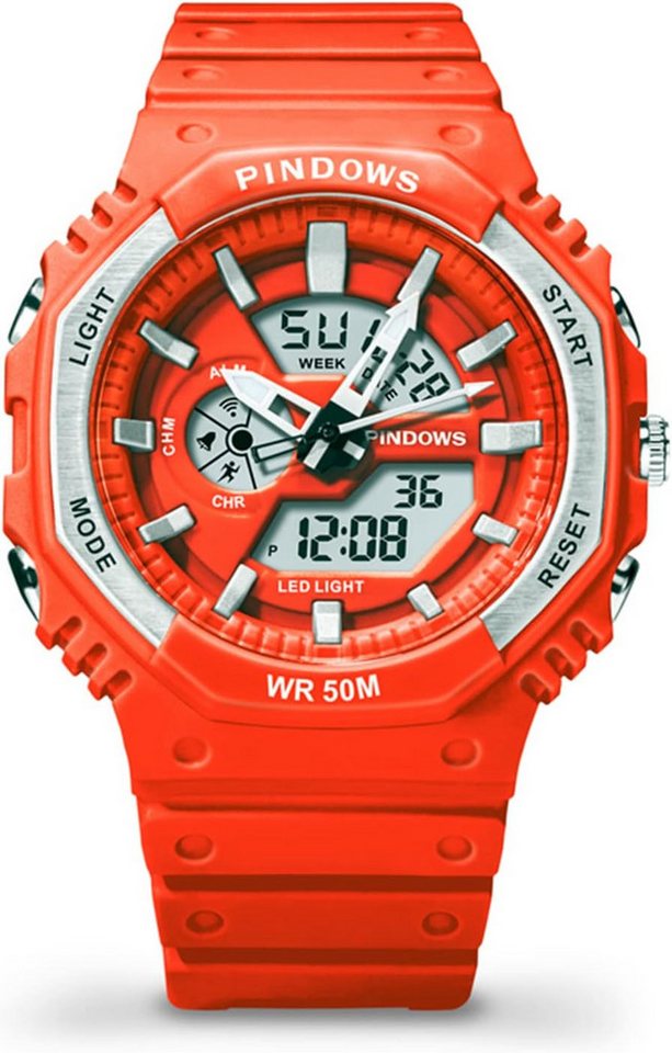 PINDOWS Wasserdicht Damen 5 Atm Wasserdicht Mode Große Zifferblatt Outdoor Uhr Watch, Duale Zeitzone Sport Chronograph, Led Hintergrundbeleuchtung von PINDOWS