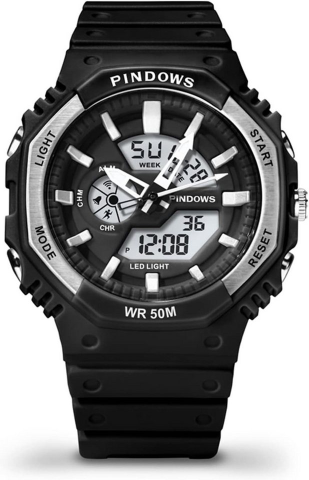 PINDOWS Wasserdicht Damen 5 Atm Wasserdicht Mode Große Zifferblatt Outdoor Uhr Watch, Duale Zeitzone Sport Chronograph, Led Hintergrundbeleuchtung von PINDOWS