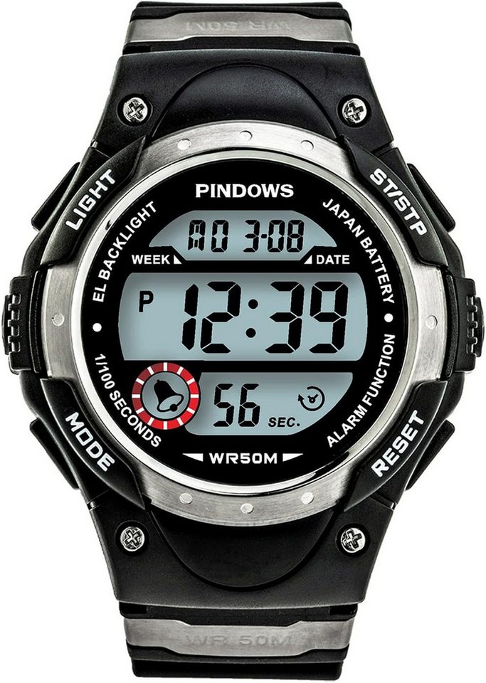 PINDOWS Wasserdicht Damen und Herren Led Hintergrundbeleuchtung Digital Watch, Elektronische Armbanduhr Chronograph, Mit Datum, Wecker, Kalender von PINDOWS