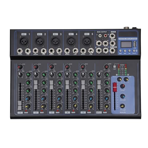 7 Kanal Bluetooth Mixer, Professioneller Mixer Audio Mischpult Live Studio Audio Mischpult DJ Konsole Verstärker, USB Konsole Verstärker Sound Console Amplifier Mischkonsole von PINYELIN