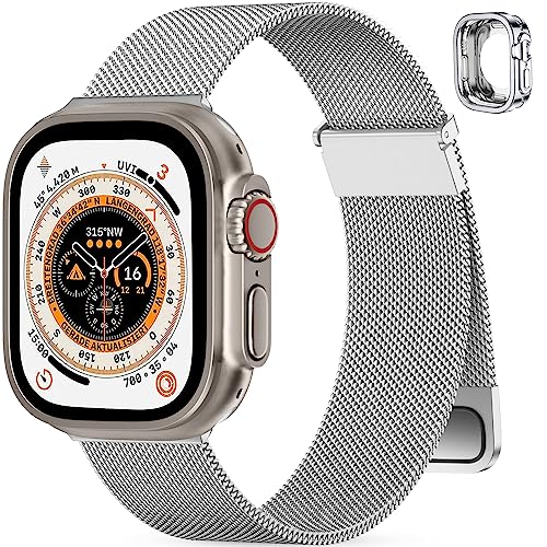 PIOWNN Armband Kompatibel mit Apple Watch Armband Ultra 49mm Damen Herren, Magnetisch Edelstahl Metall Ersatzarmband für Apple/iWatch Ultra/Ultra 2, Silber & Hülle von PIOWNN