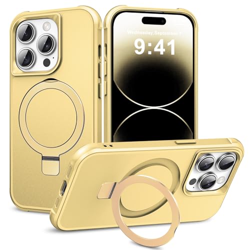 PIXIU Starke magnetische Schutzhülle für iPhone 14 Pro, kompatibel mit Mag-Safe, integrierter, unsichtbarer Ständer, militärisch, stoßfest, schlank, matt, 15,5 cm, Gold von PIXIU