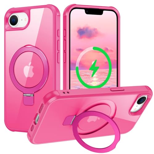 PIXIU Starke magnetische Schutzhülle für iPhone SE, kompatibel mit Mag-Safe, integrierter, unsichtbarer Ständer, militärisch, stoßfest, schlank, matt, 15,5 cm (6,1 Zoll), Hot Pink von PIXIU