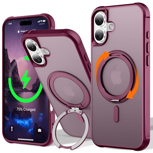 PIXIU Translucent Slim Case for iPhone 16 case Compatible with MagSafe, Military Shockproof Protective Matte Phone Cover Case Built-in Invisible 360° Rotatable Ring Stand von PIXIU