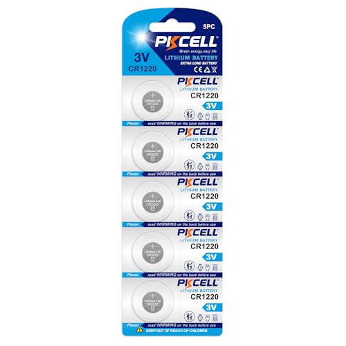 CR1220 Lithium Knopfzellen 3,0V Knopfbatterie für LED Taschenlampen,Uhren,Autoschlüssel,5 Stück,PKCELL von PKCELL