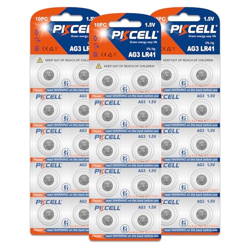 PKCELL Knopfzellen LR41/Ag3, 1,5 V Alkaline Batterie, für Fieberthermometer, Teelichter, 30 Stück von PKCELL