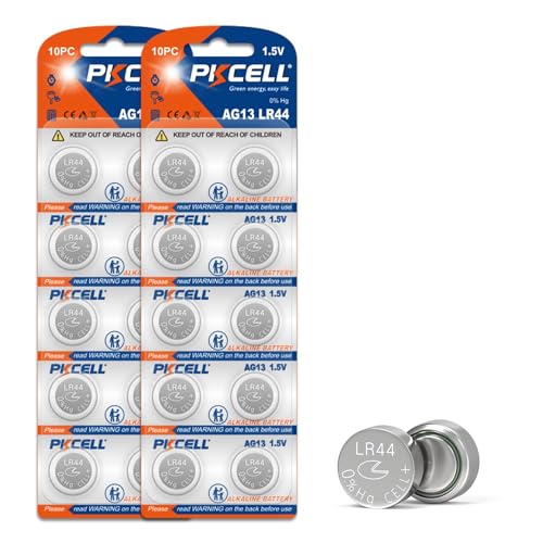 PKCELL LR44 AG13 Knopfzellen, Alkaline, 1,5 V, 158 mAh, für Spielzeug, Musikbücher, Thermometer, Nachtlicht, 20 Stück von PKCELL