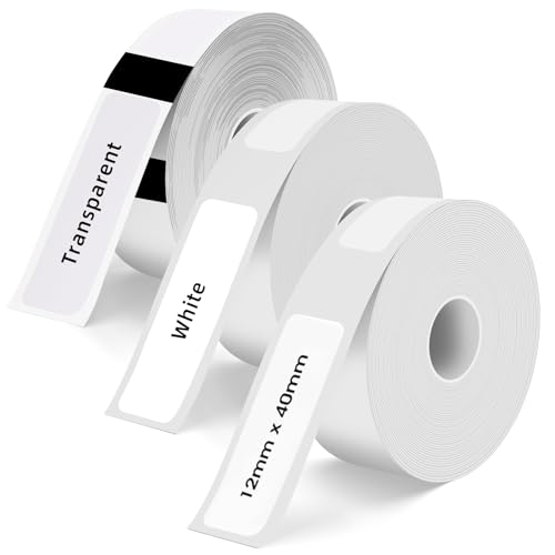 Thermo Etikettenband 12x40mm, 3 Rollen Selbstklebendes Thermo Etiketten Papier, Etikettendrucker Thermoband Etiketten für Haus, Büro und Schule, Weiß und Transprantent von POFIBO