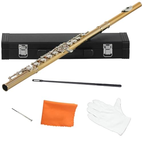 Querflöte Instrument 16 Closed Open Hole C Key Flute Professional Transverse Flute With E Key Woodwind Instrument Beginner Leather Box(Gold silver key) von POHTYIT