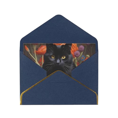 Grußkarte mit schwarzer Katze und Blume, Phnom Penh Perle, Papier, horizontales Design von POKIKKJH