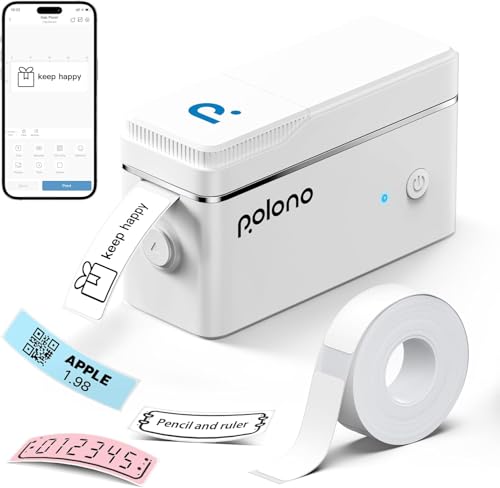 POLONO Etikettendrucker, P31s Bluetooth Etikettiergerät Selbstklebend Beschriftungsgerät Mini Label Printer Tragbarer Labeldrucker mit iOS Android,Für Zuhause, Büro, Weiß von POLONO