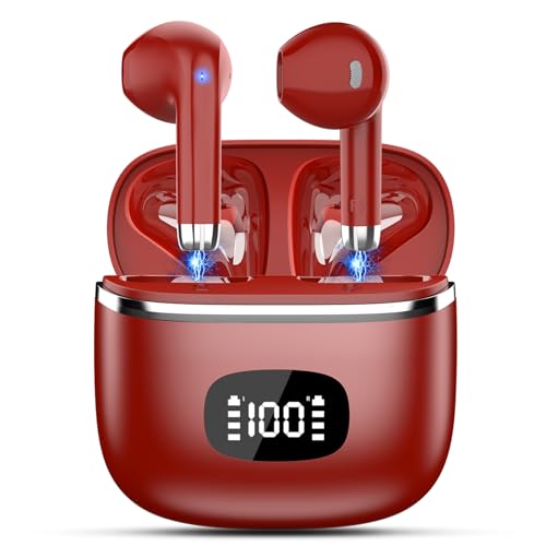 POMUIC Bluetooth Kopfhörer, Kopfhörer Kabellos Bluetooth 5.3 In Ear Kopfhörer mit 4 ENC Noise Cancelling Mic, 40H Spielzeit mit LED, IP7 Wasserdicht in Ear Ohrhörer für Arbeit Studium Sport Rot von POMUIC