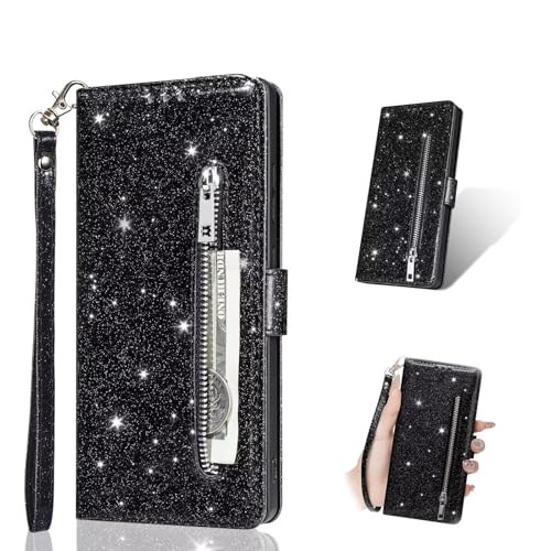 PONRFEKT Handyhülle für Xiaomi Redmi K4O Pro / K40 Klapphülle,PU Lederhülle Glitzer Flip Cover Reißverschluss Brieftasche mit 5 Kartenfächern Glitzer Schutzhülle,Schwarz von PONRFEKT