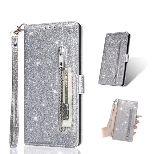 PONRFEKT Handyhülle für iPhone 16 Pro Klapphülle,PU Lederhülle Glitzer Flip Cover Reißverschluss Brieftasche mit 5 Kartenfächern Glitzer Schutzhülle,Silber von PONRFEKT