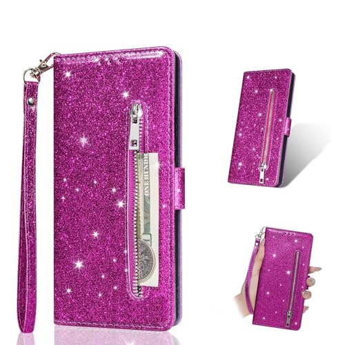 PONRFEKT Handyhülle für iPhone 5/5 SE Klapphülle,PU Lederhülle Glitzer Flip Cover Reißverschluss Brieftasche mit 5 Kartenfächern Glitzer Schutzhülle,Violett von PONRFEKT