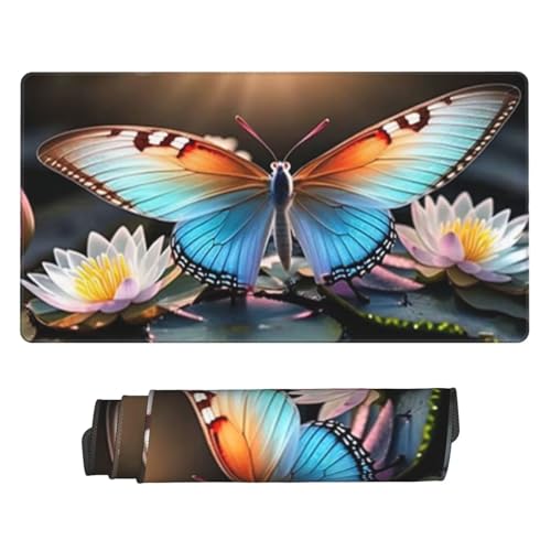 1200x400 mm XXL Mauspad Blume Mousepad Schmetterling Schreibtischunterlage mit rutschfeste Gummibasis, WassXerdicht Mouse Pad mit Vernähte Kanten, Office Gaming Zubehör Desk Deko, Geschenke U-562 von POOJNNPP