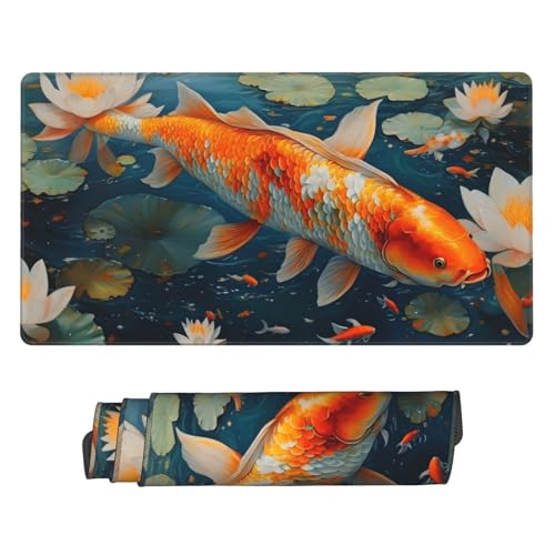 1200x400 mm XXL Mauspad Goldfisch Mousepad Lotus Schreibtischunterlage mit rutschfeste Gummibasis, WassXerdicht Mouse Pad mit Vernähte Kanten, Office Gaming Zubehör Desk Deko, Geschenke Frauen U-496 von POOJNNPP