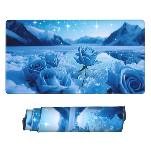 800x400 mm XXL Mauspad Blau Mousepad Rose Schreibtischunterlage mit rutschfeste Gummibasis, WassXerdicht Mouse Pad mit Vernähte Kanten, Office Gaming Zubehör Desk Deko, Geschenke für Frauen U-448 von POOJNNPP