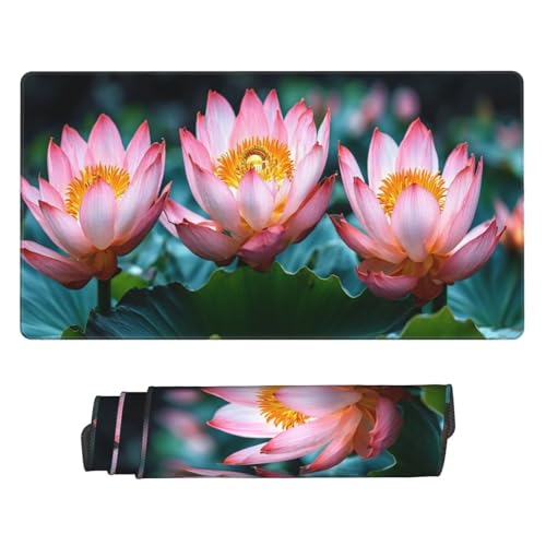 800x400 mm XXL Mauspad Lotus Mousepad Rosa Schreibtischunterlage mit rutschfeste Gummibasis, WassXerdicht Mouse Pad mit Vernähte Kanten, Office Gaming Zubehör Desk Deko, Geschenke für Frauen U-411 von POOJNNPP