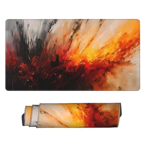 Abstrakt Mousepad, Groß Schreibtischunterlage Rot Mauspad XXL 1400 x 600 x 3 mm, Erweiterter Desk Pad mit Vernähte Kanten and rutschfeste Gummibasis, Home Desk Office Deko, Geschenke für Männer U-28 von POOJNNPP