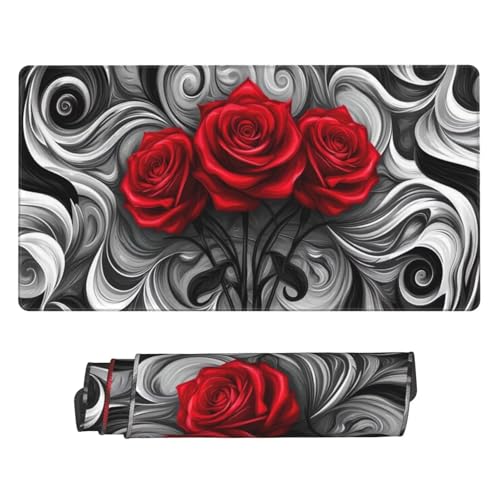 Rot Mousepad, Groß Schreibtischunterlage Rose Mauspad XXL 600 x 300 x 3 mm, Erweiterter Desk Pad mit Vernähte Kanten and rutschfeste Gummibasis for Home Desk Office Deko, Geschenke für Männer U-204 von POOJNNPP