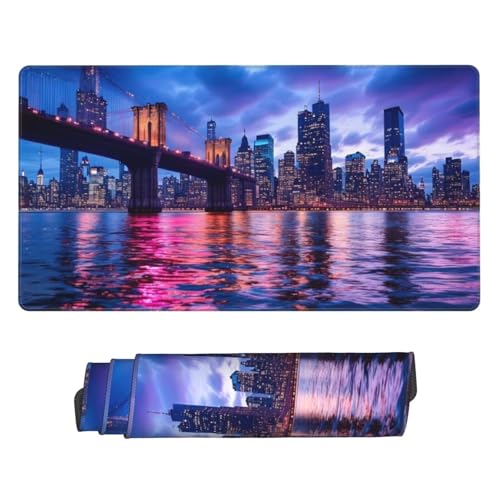 Stadt Mousepad, Groß Schreibtischunterlage Nachtansicht Mauspad XXL 1000 x 500 x 3 mm, Erweiterter Desk Pad mit Vernähte Kanten and rutschfeste Gummibasis, Desk Office Deko, Geschenke für Männer U-40 von POOJNNPP