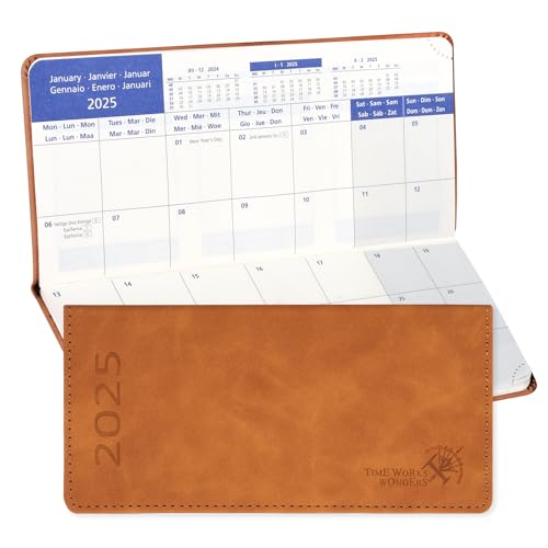 POPRUN Kalender 2025 Monatsplaner 17,4 x 8,3 cm - 12 Monate Monatskalender Softcover (Jan 2025 - Dez 2025) - 1 Monat 2 Seiten, 64 Seiten, 80 GSM Papier mit PU-Leder - Braun von POPRUN