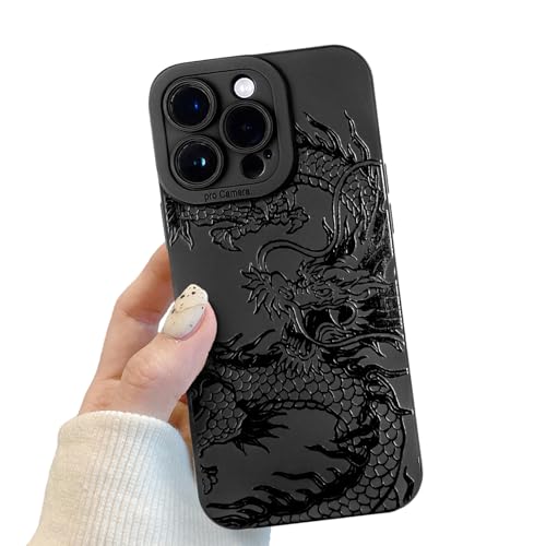 Handyhülle für iPhone 14 Pro Schwarz matt mit Kameraschutz, Handyhülle mit Schwarzer Drachen Niedliches Design für Frauen Mädchen, Kratzfeste Drache Hülle für iPhone 14 Pro von POTOK