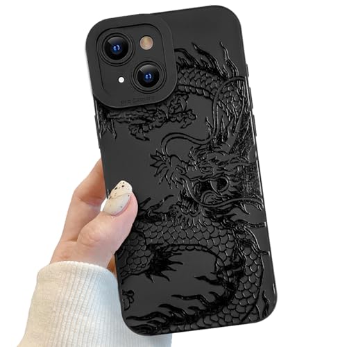 Handyhülle für iPhone 15 Plus Schwarz matt mit Kameraschutz, Handyhülle mit Schwarzer Drachen Niedliches Design für Frauen Mädchen, Kratzfeste Drache Hülle für iPhone 15 Plus von POTOK