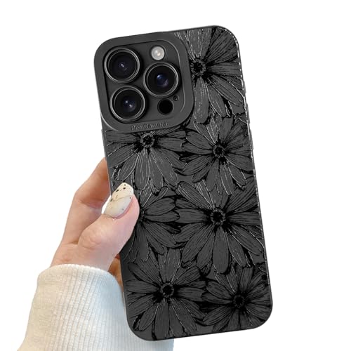 Handyhülle für iPhone 15 Pro Schwarz matt mit Kameraschutz, Handyhülle mit Schwarzer Gänseblümchen Niedliches Design für Frauen Mädchen, Kratzfeste Blumen Hülle für iPhone 15 Pro von POTOK