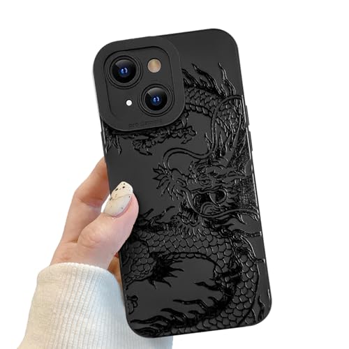 POTOK Handyhülle für iPhone 14 Schwarz matt mit Kameraschutz, Handyhülle mit Schwarzer Drachen Niedliches Design für Frauen Mädchen, Kratzfeste Drache Hülle für iPhone 14 von POTOK