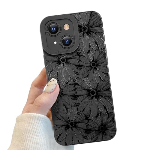 POTOK Handyhülle für iPhone 15 Schwarz matt mit Kameraschutz, Handyhülle mit Schwarzer Gänseblümchen Niedliches Design für Frauen Mädchen, Kratzfeste Blumen Hülle für iPhone 15 von POTOK