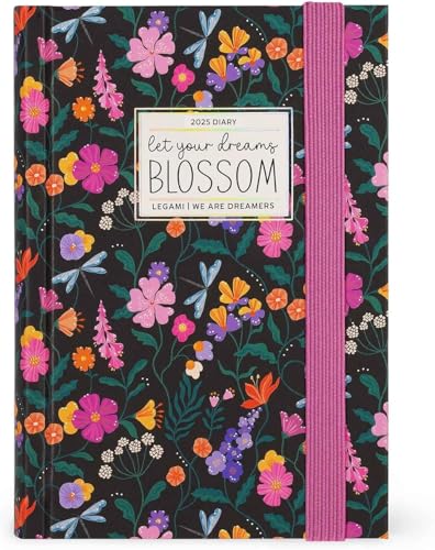 Tageskalender Blossom Blumen 12 Monate F.to Medium 9,5 x 13 cm, von Januar 2025 bis Januar 2026, Verschluss mit Gummiband + Stift und Lesezeichen von PRESTIGE & DELUXE