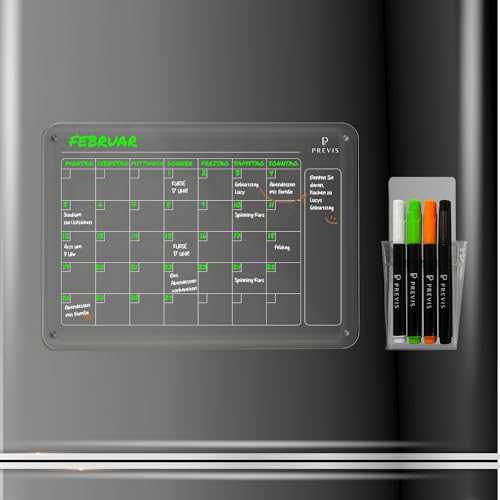 PREVIS Acryl Kalender für Kühlschrank A4 (21X29,7CM) mit 4 Boardmarkern - Monatsplaner Abwischbar Kühlschrank Kalender - Acrylic Magnetic Calendar for Fridge Transparent - Familienplaner Abwischbar von PREVIS