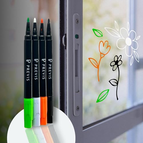 PREVIS Kreidestifte für Fenster Abwaschbar -Fensterstifte Abwaschbar mit Feiner Spitze 4er Set (Weiß, Schwarz, Orange & Grün) - Fenster Stifte - Ideal für die Gestaltung lebendiger Kunst von PREVIS