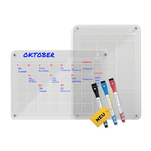 Previs 2X Acryl Wochenplaner + Monatsplaner Abwischbar für Kühlschrank A4 mit 3 Boardmarkern - 2X Acrylic Magnetic Transparent Calendars for Fridge - Familienplaner Abwischbar von PREVIS
