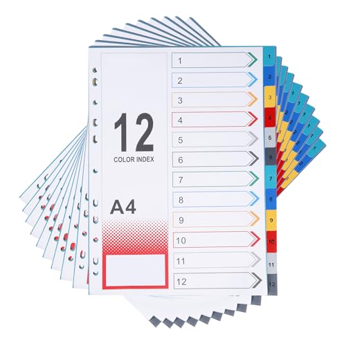 PRITOK Ordner-Register DIN-A4: 10 Stück Trennblätter für Ordner A4 mit 12 Taben, Trennblätter für Akten-Ordner, Farbiges Mylar für Aktenordner Poröse Mehrzweck-Indexteiler von PRITOK