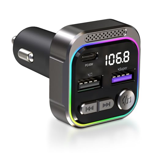 PRMHOOT FM Transmitter für Auto Bluetooth 5.3, Bluetooth Adapter Auto Zigarettenanzünder mit 48W (PD 30W&18W), Freisprecheinrichtung, Unterstützt U-Disk, 7 Farben Umgebungslicht von PRMHOOT