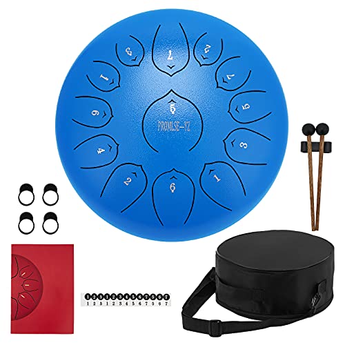 PROMISE-YZ 12 Zoll 13 Tone Tongue Drum, ätherische Trommel Schlagzeug Instrument Hand mit Schlagzeug Schlägel Taschen Tragen, Hand Pan Drum mit Trommelschlägeln Note Sticks für Meditation Yoga (Blue) von PROMISE-YZ