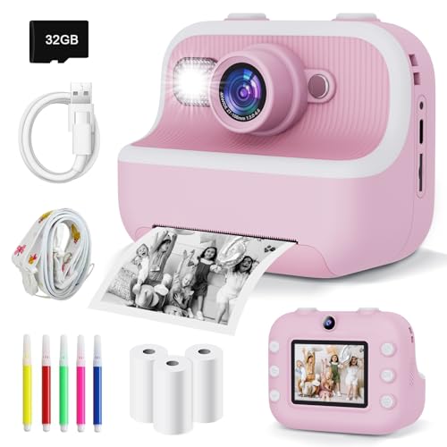 Kinderkamera Sofortbildkamera, 2.4 Zoll Digitalkamera Sofortdruck mit 32G Karte & Druckpapier, 1080P Digitalkamera Kinder mit Farbigen, Kinder Kamera Geschenke für Jungen und Mädchen 3-12 Jahre (Rosa) von PTHTECHUS