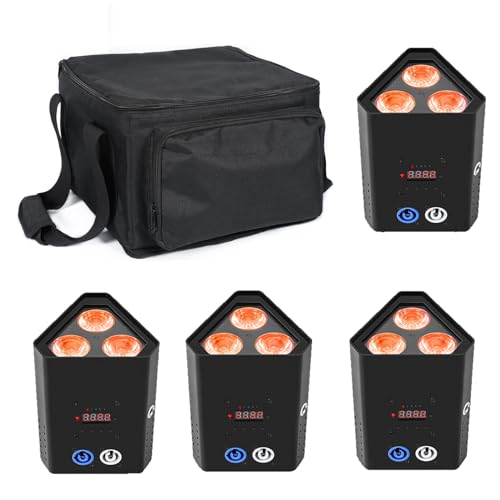 PUZILOZA 4 Stücke Akku LED Par mit Pak Bag, Scheinwerfer Uplight DMX Wiederaufladbarer Batterie RGBWA+UV Effektstrahler Bühnenlicht Fernbedienung/APP Disco licht für DJ party Bar Hochzeit Geburtstag von PUZILOZA