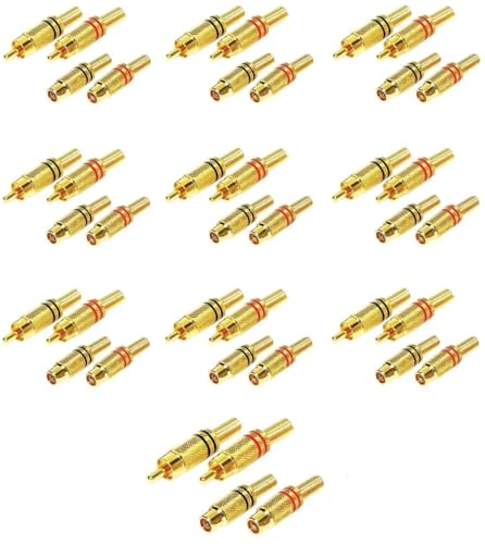 Paccs 40 Cinch Stecker male & female vergoldet mit Farbkenringe in ROT & SCHWARZ, Gold RCA Lötkontakte Kupplung Buchse weiblich männlich von Paccs