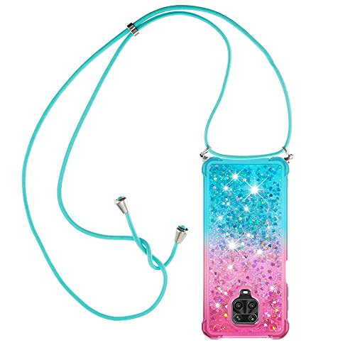 Handykette für Xiaomi Redmi Note 9S / Note 9 Pro Hülle, Smartphone Necklace Glitzer Transparent Silikonhülle mit Band - Handyhülle Cover Case mit Stylische Kette zum umhängen, Pink & Blau von Paekear