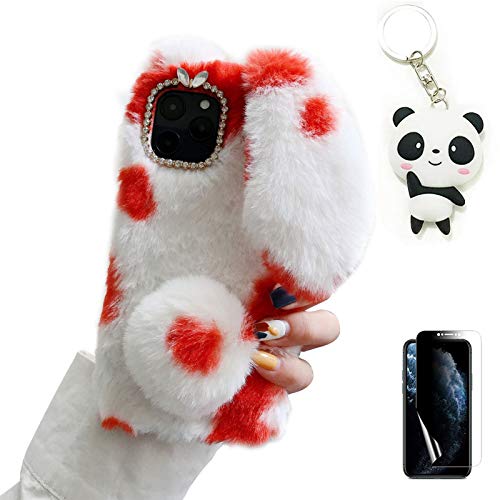 Palizufio Plüsch Kaninchen Hülle Kompatibel mit Samsung Galaxy A16 5G,Niedlich Pelzig Hase Ohren Haarball Weich Flauschige Winter Warm Handyhülle Glitzer Diamant Strass Hülle,Rot Weiß von Palizufio