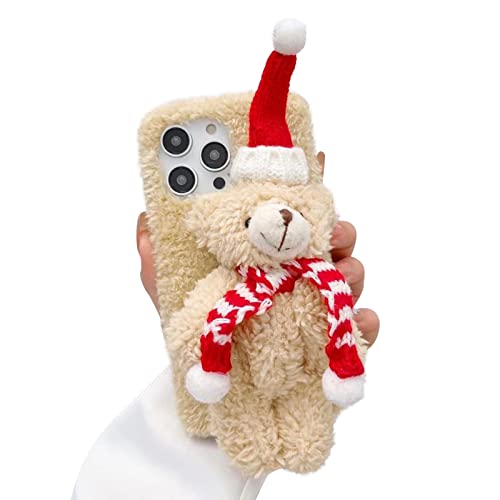 Palizufio Plush Christmas Case for iPhone 15 6.1 inch,Cute 3D Xmas Bear Design Furry Soft Fluffy Fuzzy Winter Warm Case Faux Fur Silicone Bumper Phone Cover Gift for Girls Women,Beige von Palizufio