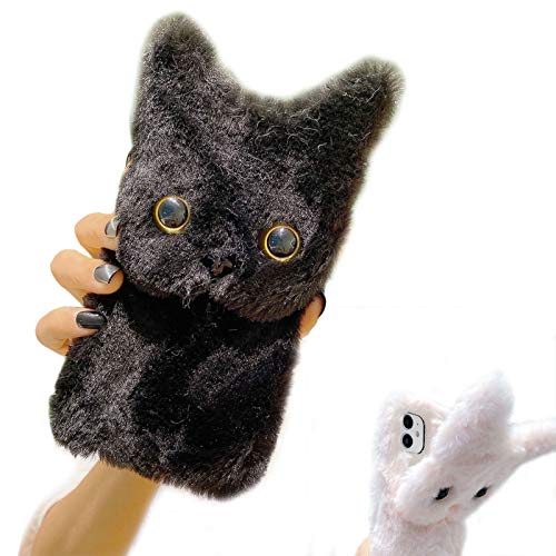 Palizufio Weich Plüsch Hülle Kompatibel mit Samsung Galaxy A15 5G,Niedlich Pelzig Katze Ohren Warm Flauschige Haar Süß Karikatur Tier Stand Handyhülle für Mädchen Frauen,Schwarz Katze von Palizufio