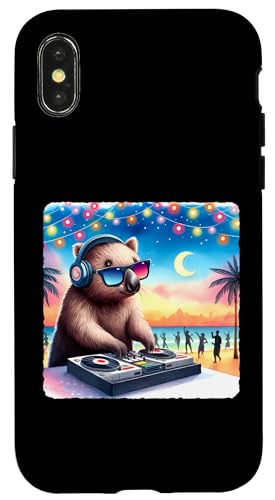 Hülle für iPhone X/XS Wombat Djing am Strand mit Sonnenbrille und Kopfhörern. DJ von Palm Trees Music Turntables Party Rhythm Wombat Dj