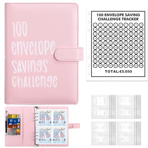 100 Briefumschläge Geld Sparen Challenge, A5 Briefumschläge Herausforderung Binder mit Geldumschlägen, Sparbuch für Geld, Sparen Sie 5.050 € Budgetplaner, Geldsparbinder Budget Planner (Rosa) von Palmcee